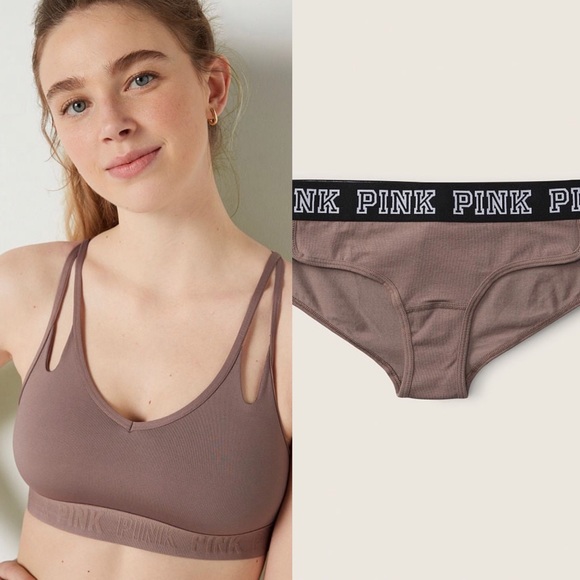 VS Pink Large Ultimate Strappy Lightly Lined Sports Bra & Panty NEW ICED COFFEE - Picture 2 of 16